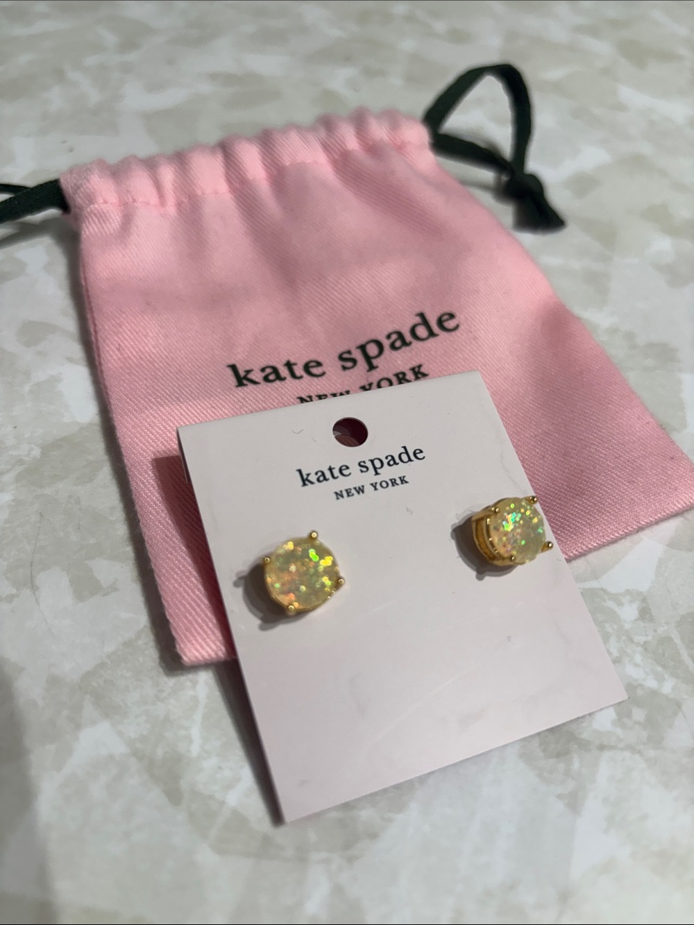 Kate Spade Gold Glitter Opal Stud Earrings with Pink Pouch